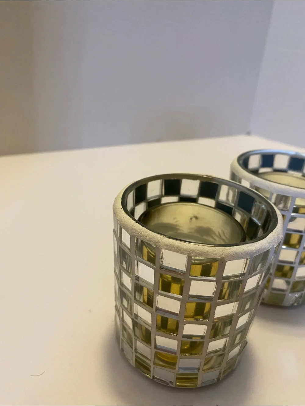 Silver Mirror Mosaic Votive Glass Candle Holder With Gold Insert Set Of 2
